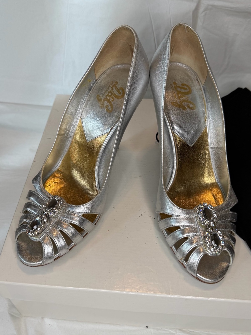 Dolce & Gabbana Silver Crystal-Accent Peep-Toe Heels